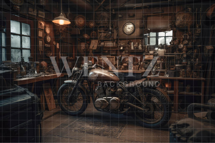 Fundo Fotográfico em Tecido Garagem de Motos / Backdrop 3322