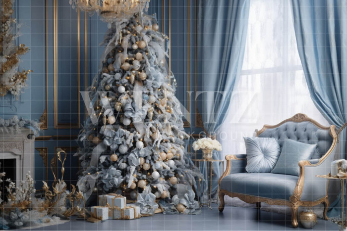 Fundo Fotográfico em Tecido Sala de Natal Azul Bebê / Backdrop 3885