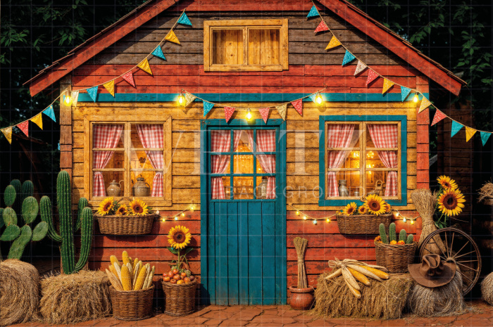 Fundo Fotográfico em Tecido Festa Junina Casa com Bandeirinhas / Backdrop 6955