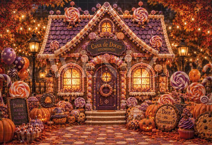 Fundo Fotográfico em Tecido Casa de Doces Halloween / Backdrop 8904