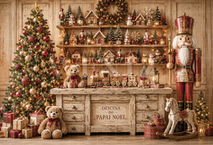 Fundo Fotográfico em Tecido Oficina do Papai Noel Natal / Backdrop 8887