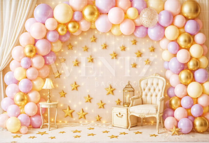 Fundo Fotográfico em Tecido Smash the Cake Balões com Estrelas / Backdrop 7158