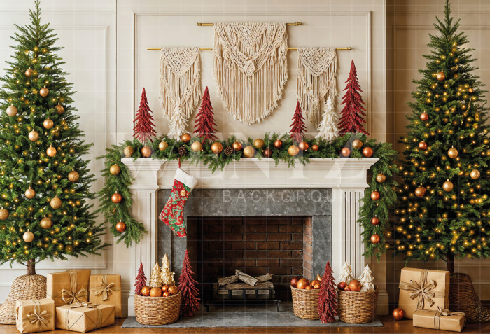 Fundo Fotográfico em Tecido Sala de Natal com Lareira / Backdrop 7397