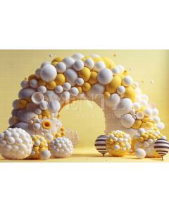 Fundo Fotográfico em Tecido Smash the Cake Balão Branco e Amarelo / Backdrop 2641