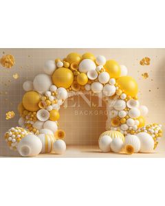 Fundo Fotográfico em Tecido Smash the Cake Balão Amarelo com Flores / Backdrop 2700