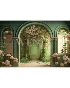 Fundo Fotográfico em Tecido Arco Verde com Rosas Brancas / Backdrop 2720