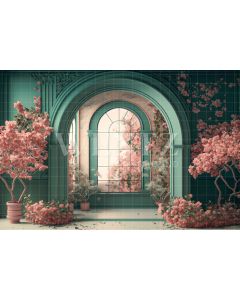Fundo Fotográfico em Tecido Sala Verde com Flores de Cerejeira / Backdrop 2732