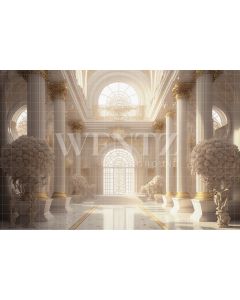 Fundo Fotográfico em Tecido Palácio Grego com Flores Brancas / Backdrop 2761
