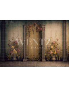 Fundo Fotográfico em Tecido Cenário com Porta Dourada e Flores / Backdrop 2811