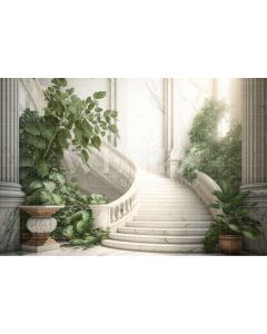 Fundo Fotográfico em Tecido Nature Cenário Branco com Escada e Plantas / Backdrop 2967