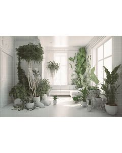 Fundo Fotográfico em Tecido Nature Sala Branca com Sofá e Plantas / Backdrop 2968