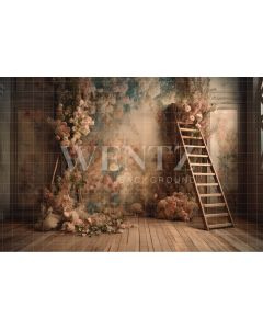 Fundo Fotográfico em Tecido Cenário com Escada e Flores / Backdrop 3173