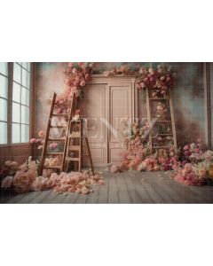 Fundo Fotográfico em Tecido Cenário com Escada e Flores / Backdrop 3175