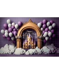 Fundo Fotográfico em Tecido Smash the Cake Castelo com Balões Lilás / Backdrop 3189