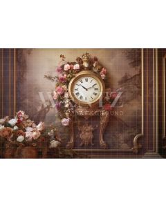 Fundo Fotográfico em Tecido Cenário com Relógio e Flores / Backdrop 3607