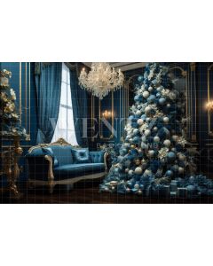 Fundo Fotográfico em Tecido Sala de Natal Azul e Dourado / Backdrop 3884