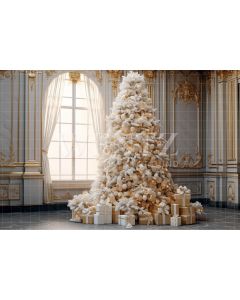 Fundo Fotográfico em Tecido Árvore de Natal Branca e Dourada / Backdrop 3966