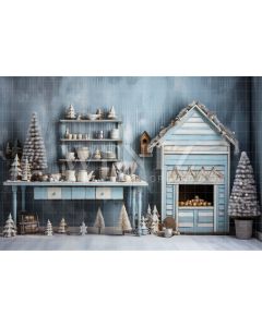 Fundo Fotográfico em Tecido Cozinha de Natal Azul Pastel / Backdrop 4665