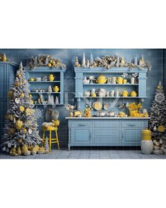 Fundo Fotográfico em Tecido Cozinha de Natal Azul e Amarela / Backdrop 4689