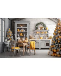 Fundo Fotográfico em Tecido Cozinha de Natal Branco e Amarelo / Backdrop 4716