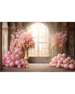 Fundo Fotográfico em Tecido Sala com Balões Rosa / Backdrop 4882