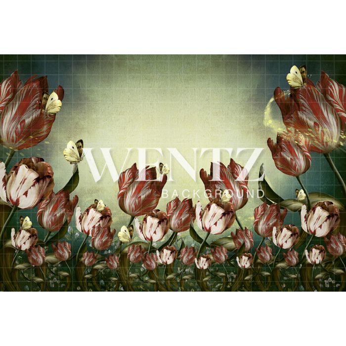 Fundo Fotográfico em Tecido Flores Vermelhas e Borboletas / Backdrop 2102