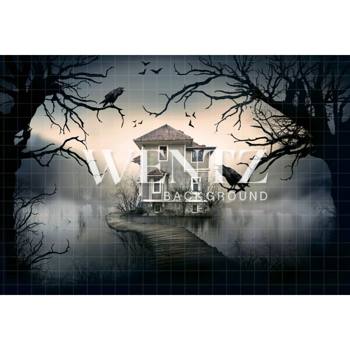 Fundo Fotográfico em Tecido Halloween Casa no Lago / Backdrop 2356