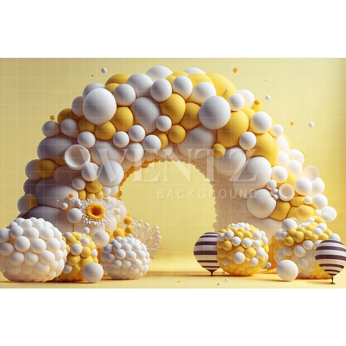 Fundo Fotográfico em Tecido Smash the Cake Balão Branco e Amarelo / Backdrop 2641
