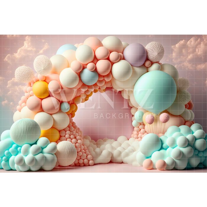Fundo Fotográfico em Tecido Smash the Cake Balão Colorido com Nuvens / Backdrop 2649
