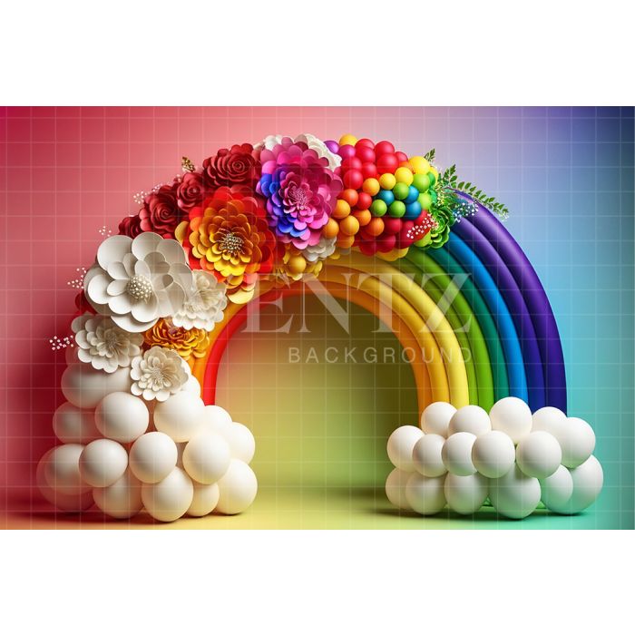 Fundo Fotográfico em Tecido Smash the Cake Balão Arco-íris com Flores / Backdrop 2653