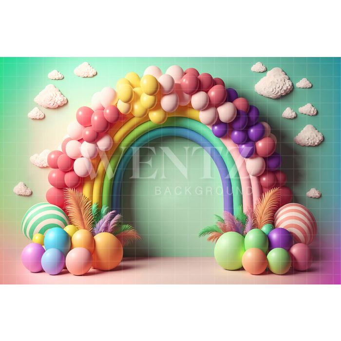 Fundo Fotográfico em Tecido Smash the Cake Balão Arco-íris com Nuvens / Backdrop 2654