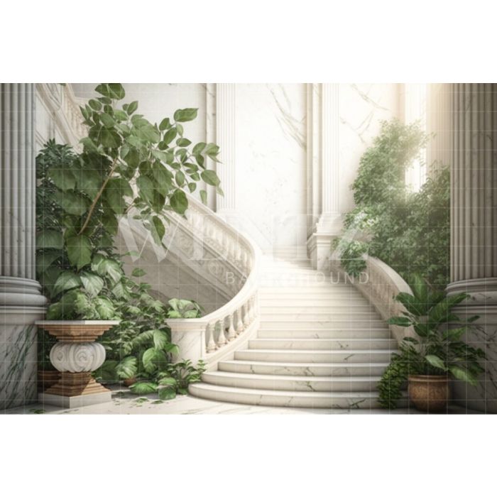 Fundo Fotográfico em Tecido Nature Cenário Branco com Escada e Plantas / Backdrop 2967
