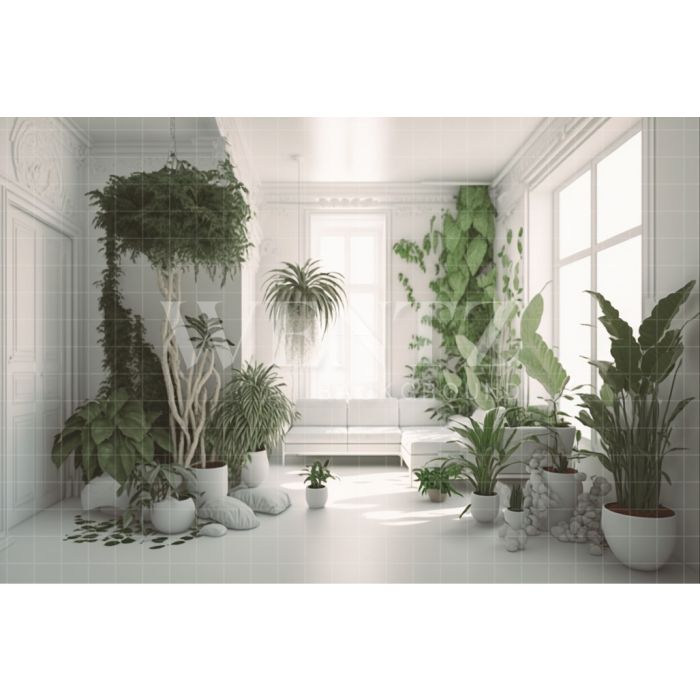 Fundo Fotográfico em Tecido Nature Sala Branca com Sofá e Plantas / Backdrop 2968
