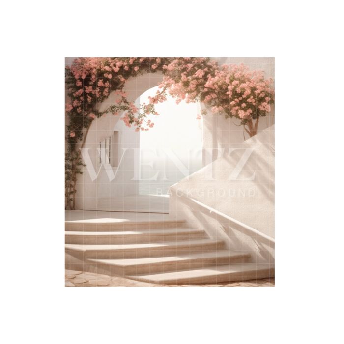Fundo Fotográfico em Tecido Nature Cenário com Escadaria e Flores / Backdrop 3063
