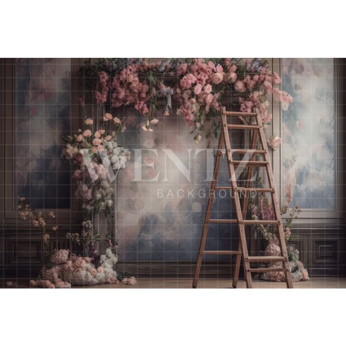 Fundo Fotográfico em Tecido Cenário com Escada e Flores / Backdrop 3168