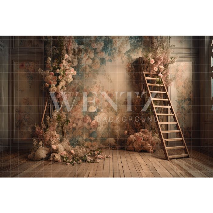Fundo Fotográfico em Tecido Cenário com Escada e Flores / Backdrop 3173
