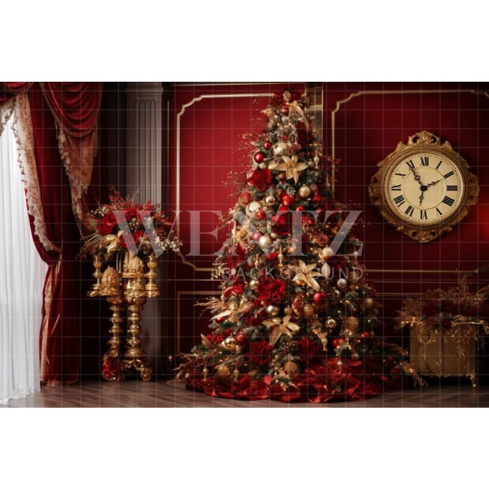 Fundo Fotográfico em Tecido Cenário de Natal com Relógio Antigo / Backdrop 3951