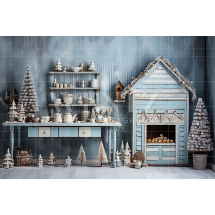 Fundo Fotográfico em Tecido Cozinha de Natal Azul Pastel / Backdrop 4665
