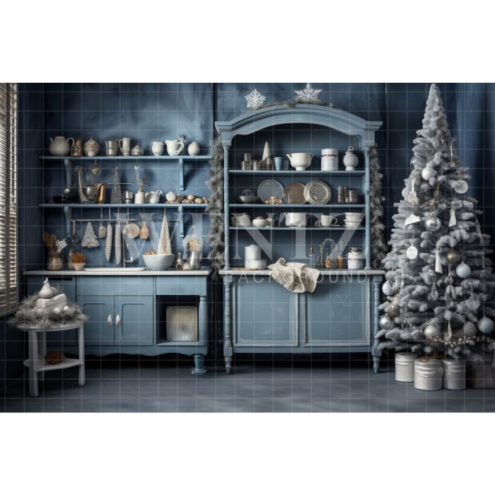 Fundo Fotográfico em Tecido Cozinha Azul de Natal / Backdrop 4677
