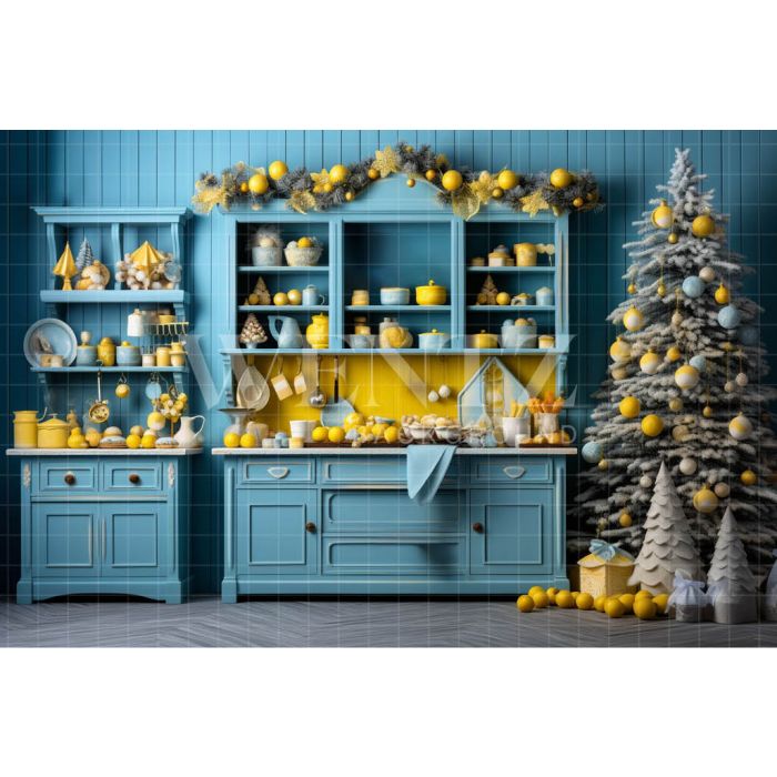 Fundo Fotográfico em Tecido Cozinha de Natal Azul e Amarela / Backdrop 4688