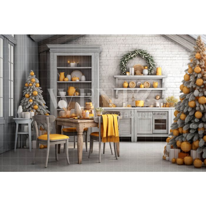 Fundo Fotográfico em Tecido Cozinha de Natal Branco e Amarelo / Backdrop 4716