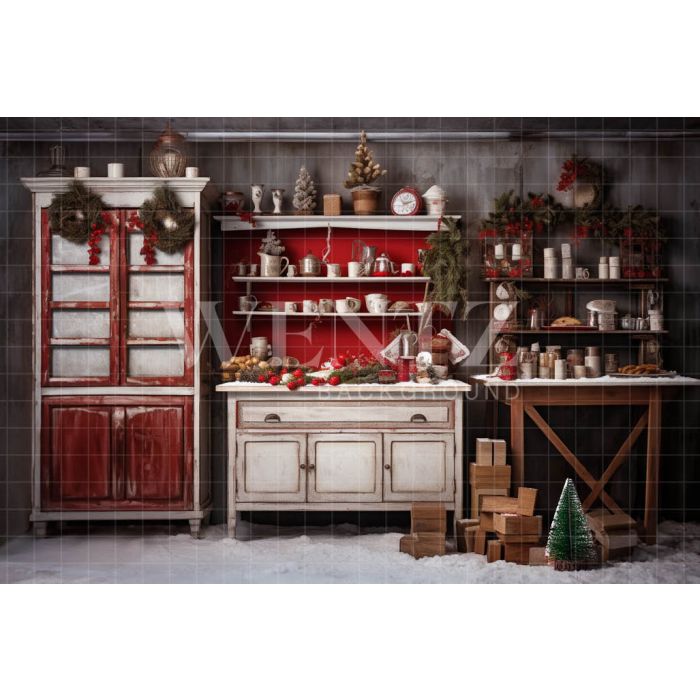 Fundo Fotográfico em Tecido Cozinha de Natal Vintage / Backdrop 4754