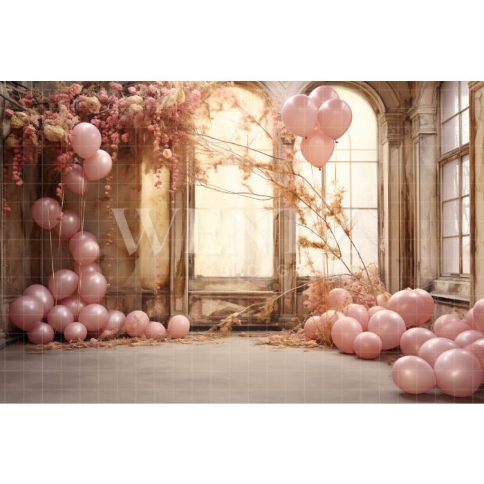 Fundo Fotográfico em Tecido Sala com Balões Rosa / Backdrop 4866