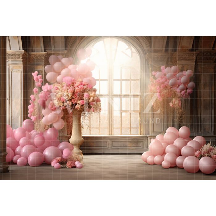 Fundo Fotográfico em Tecido Sala com Balões Rosa / Backdrop 4882