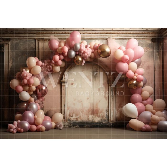 Fundo Fotográfico em Tecido Sala com Balões Rosa / Backdrop 4895