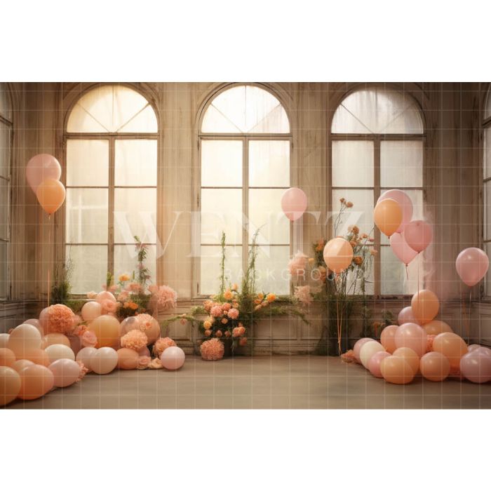 Fundo Fotográfico em Tecido Janela com Balões Rosas / Backdrop 4917