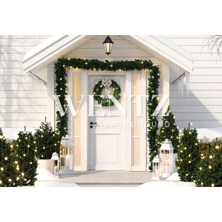Fundo Fotográfico em Tecido Fachada Casa de Natal com Porta Branca / Backdrop 2316