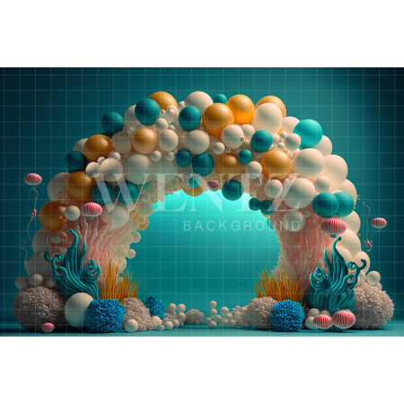 Fundo Fotográfico em Tecido Smash the Cake Mar com Balões Dourados / Backdrop 2693