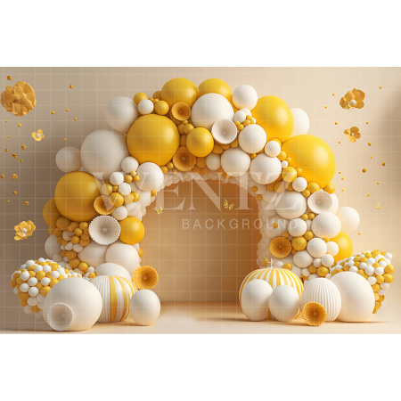 Fundo Fotográfico em Tecido Smash the Cake Balão Amarelo com Flores / Backdrop 2700