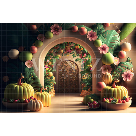 Fundo Fotográfico em Tecido Smash the Cake Balão Tropical com Frutas / Backdrop 2701